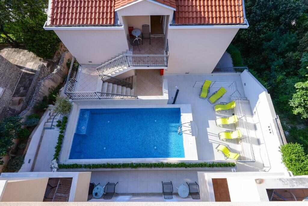 Villa terrace and pool from above